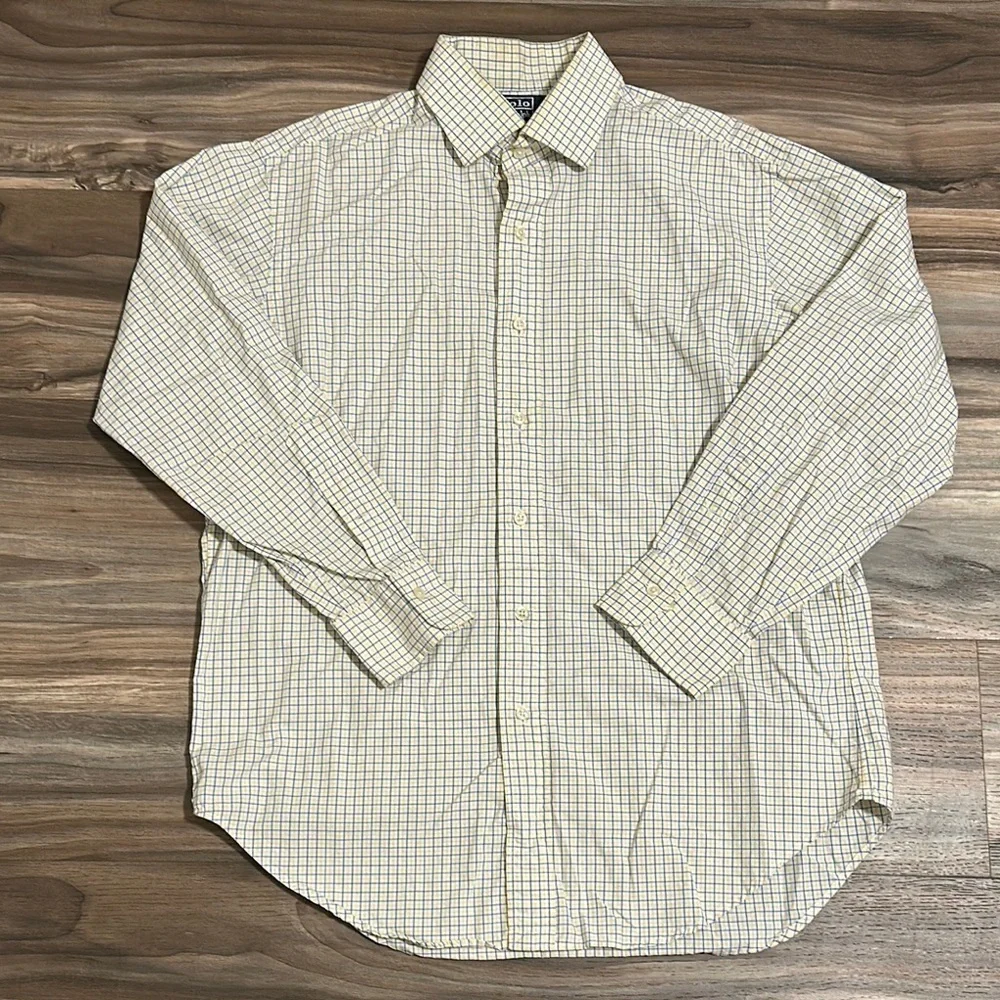 Polo Ralph Lauren Dress Shirt Mens 16 Regent Classic Fit Yellow Blue Plaid